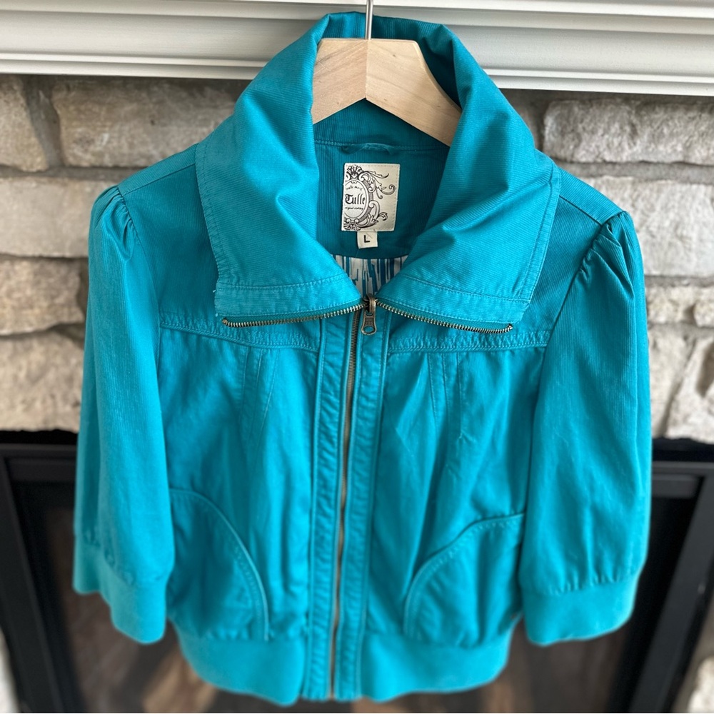 ✨NWT✨ Tulle Corduroy zip up jacket with large collar 3/4 length sleeves size L - Picture 3 of 14